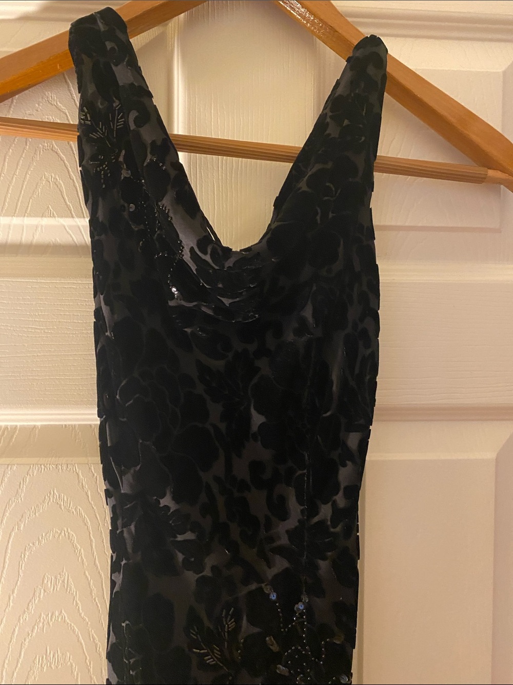 Black Strapless Velvet Floral Slip Dress with Cowl Neck